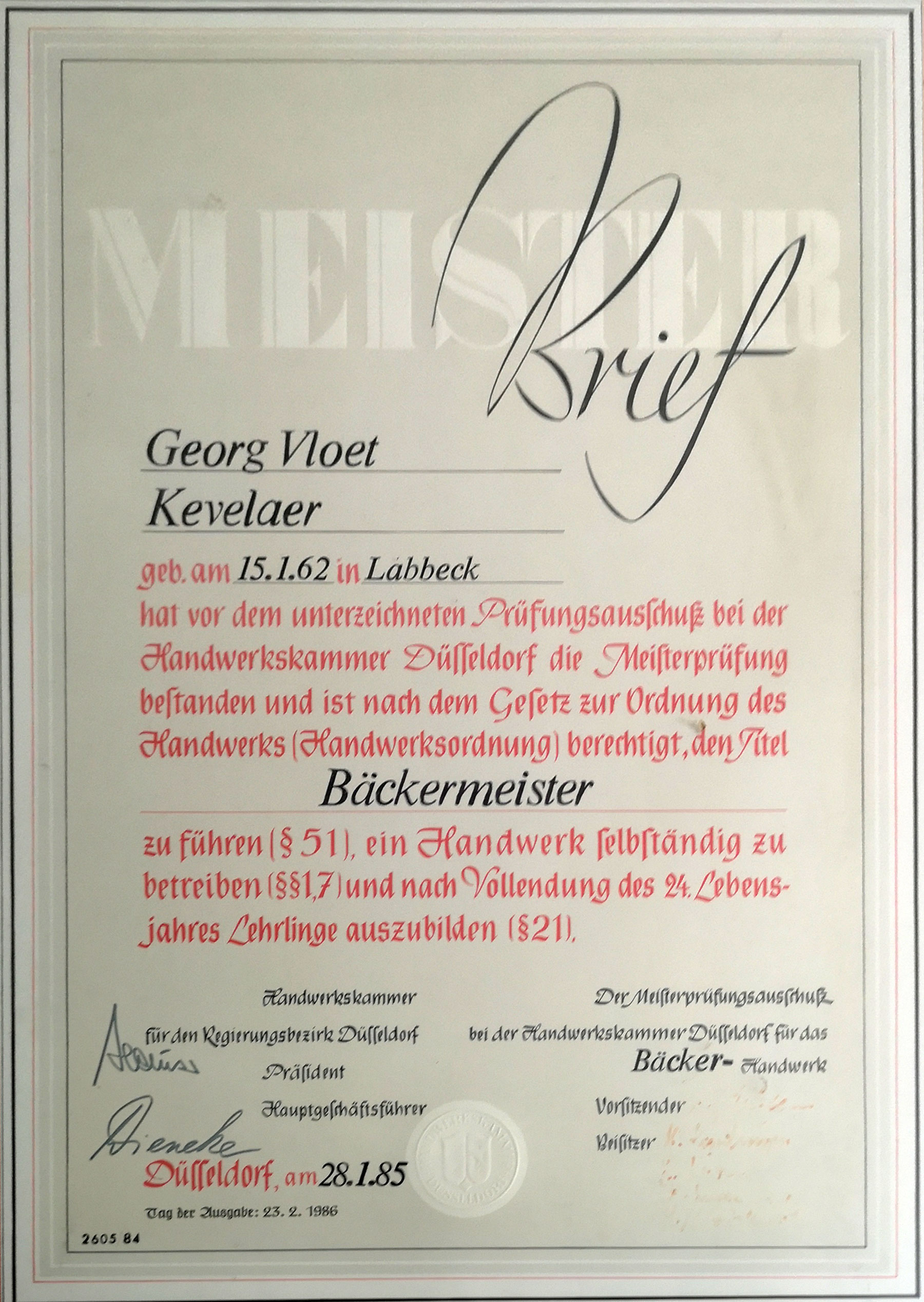 Qualität vom Gründer des Cafe Vloet in Kevelaer - Meisterbrief aus dem jahre 1961